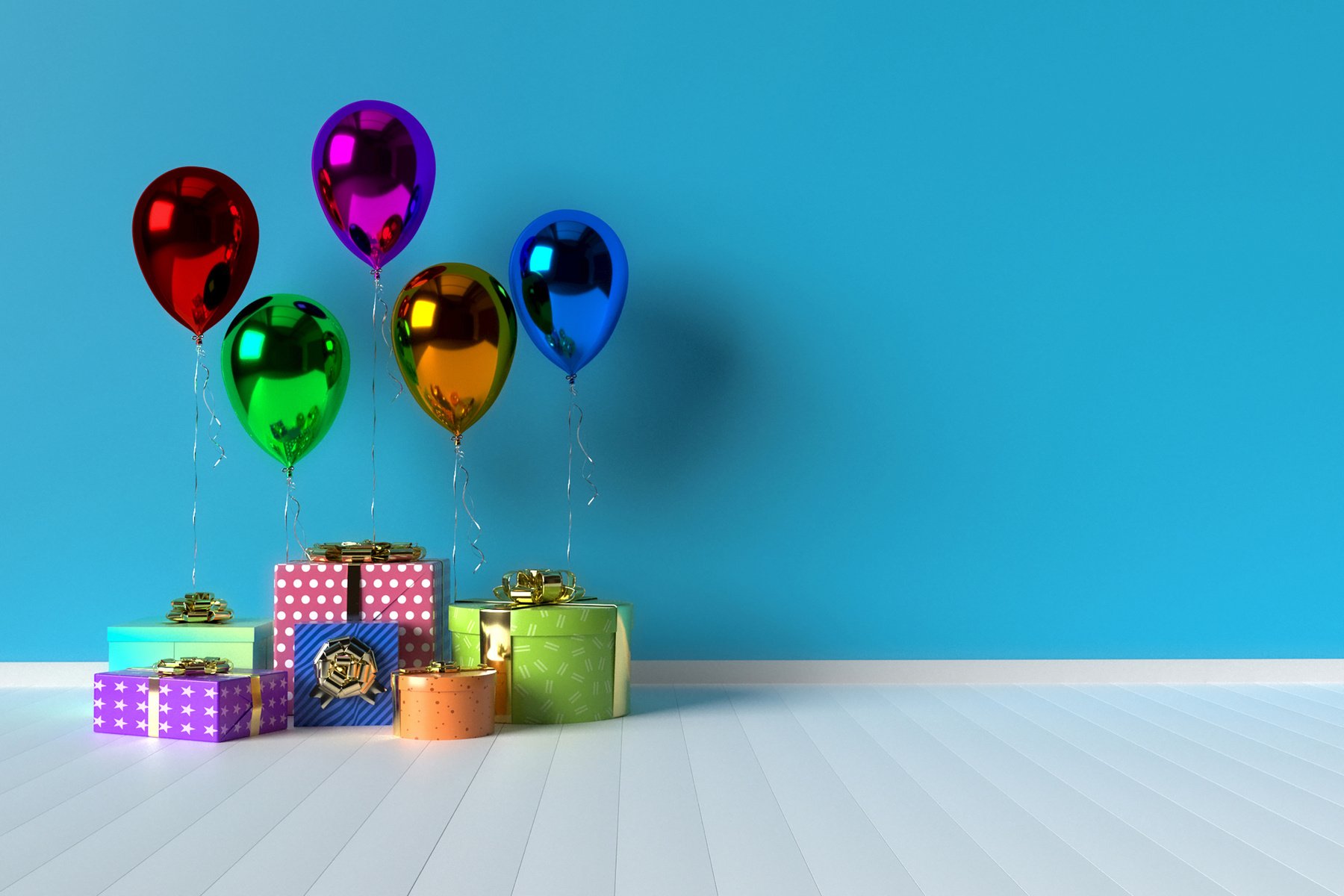 Colorful Gift Boxes with Balloons on Blue Background
